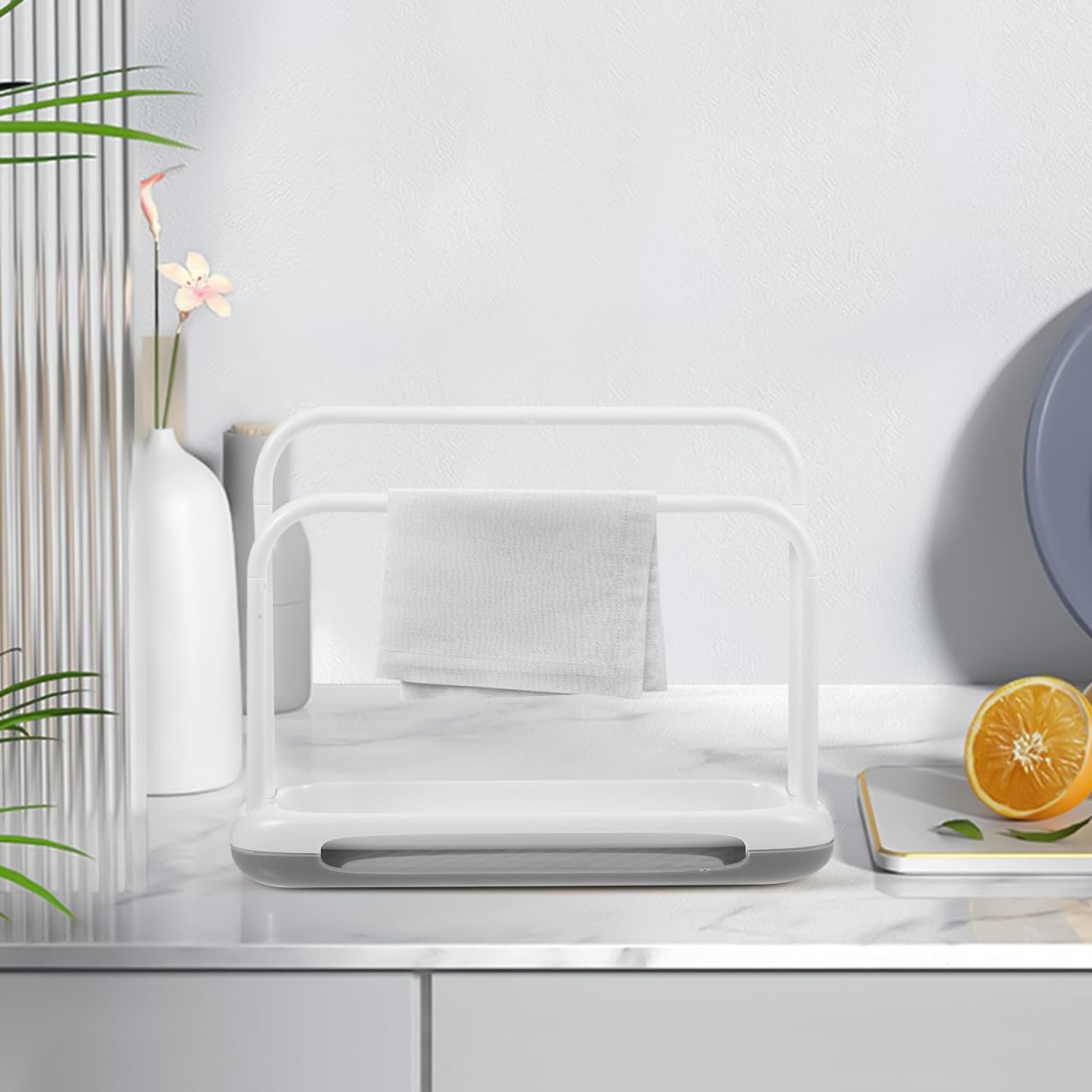 Towel Rack Stand with Drain Spout, Quick-Drying Kitchen Storage for Sponges, Dishcloths, Compact Design for Countertop