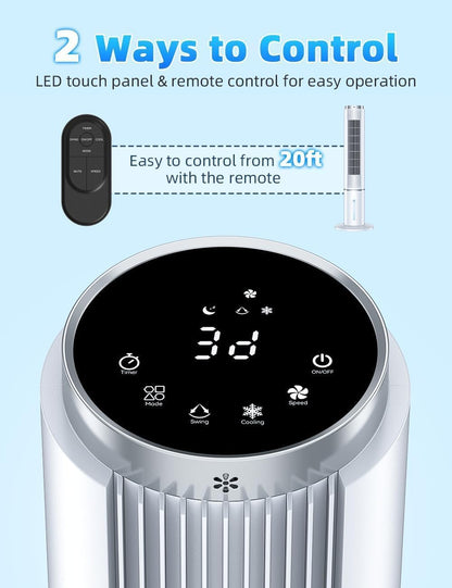 COOLECH 42 INCH Portable Swamp Cooler Air Conditioner w/4 Modes & 3 Speeds, 1-Gal Tank for 15H Cooling Evaporative Air Cooler, 12H Timer, Remote, 90° Oscillating Windowless Air Conditioner for Bedroom
