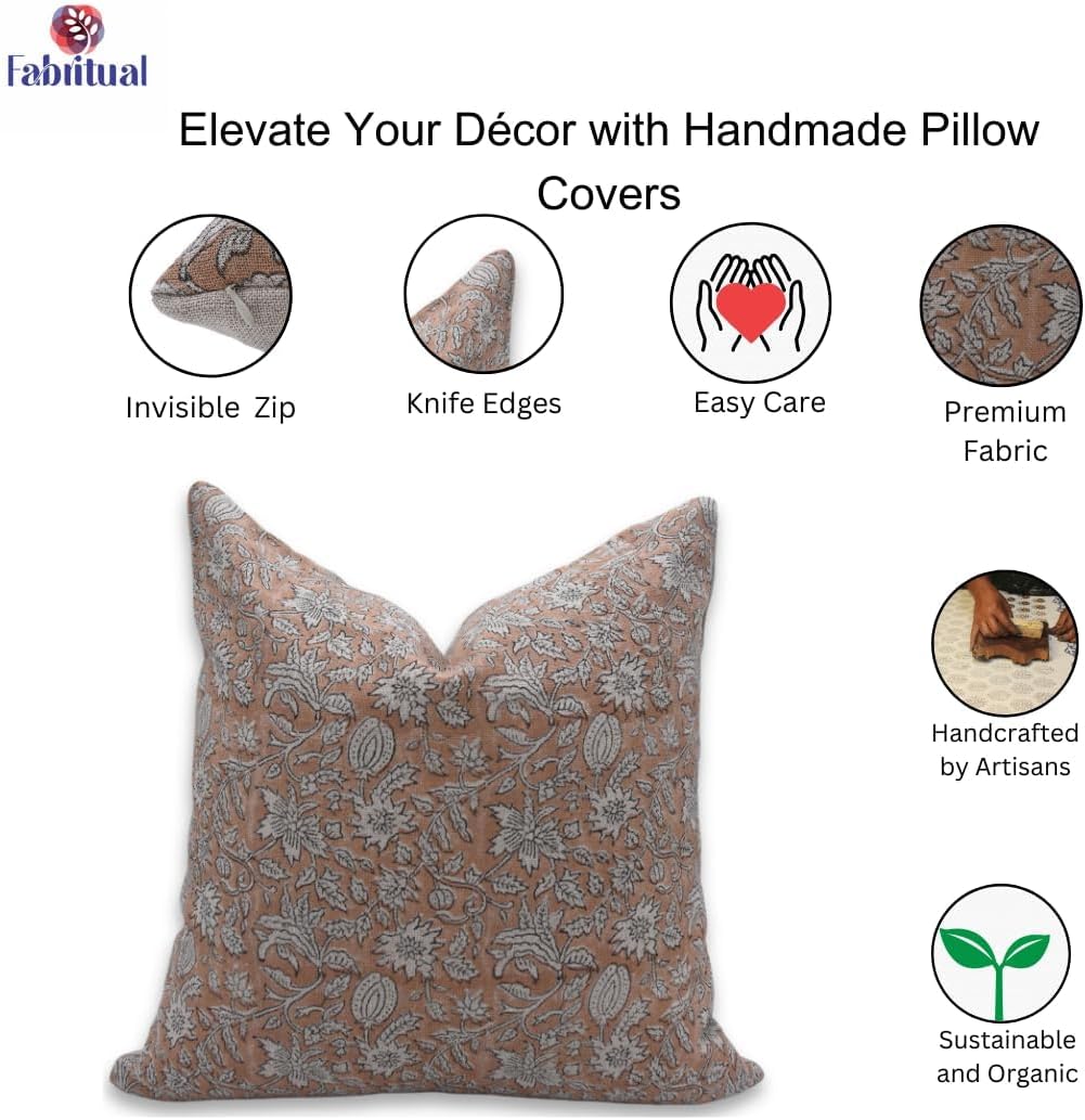 14x14 Floral Pillow Cover Cushion Covers Pillowcase Hand Block Print Thick Linen Decorative Accent Throw Covers