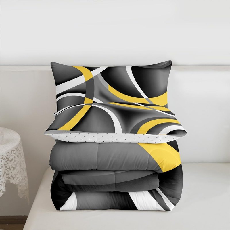 Castle Fairy Retro Circle Comforter Set Queen Size Yellow Gray Black Bedding Set for Kids Boys Girls Bedroom Decoration Stripe Line Art Bed Duvet Insert Geometric Modern Comforter with 2 Pillowcase