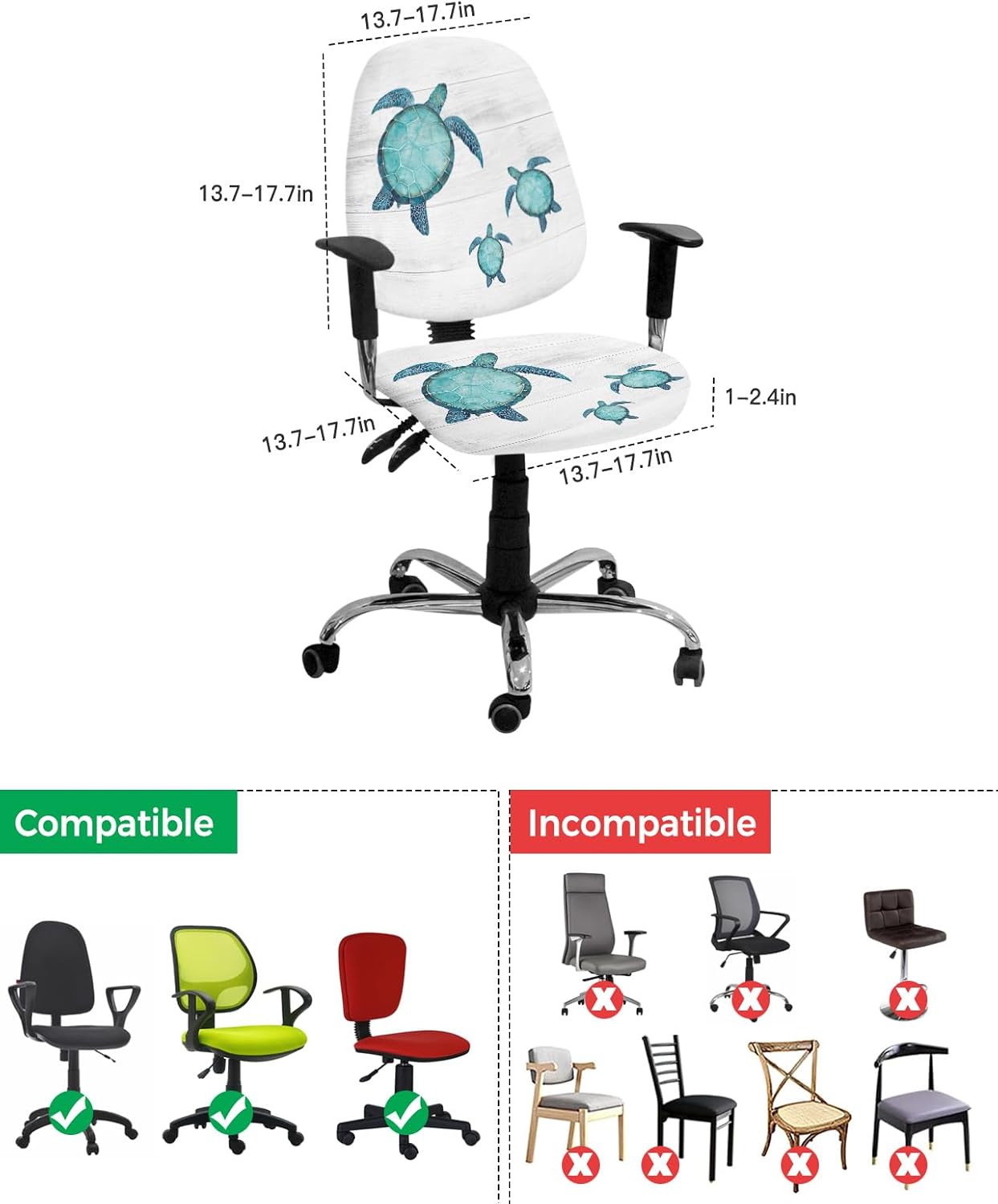 Sea Turtle Office Chair Covers, Stretchable 2 Piece Soft Decorative Computer Desk Chair Protector, Turquoise Tortoise