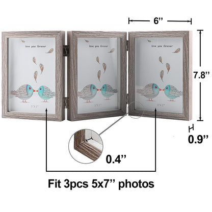 5x7 Triple Hinged Picture Frames Shadow Box MDF Wood Grey with Real Glass 3 Vertical Opening Family Lover Gift
