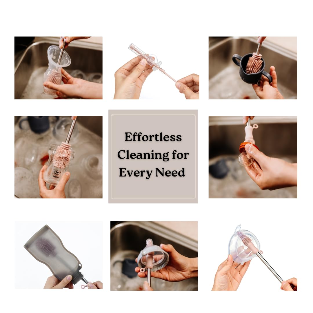 Haakaa Silicone Cleaning Brush Kit – Household Cleaning Brushes for Bottles and Crevices – Food-Grade Silicone: Dishwasher Safe (Brush-Grey)
