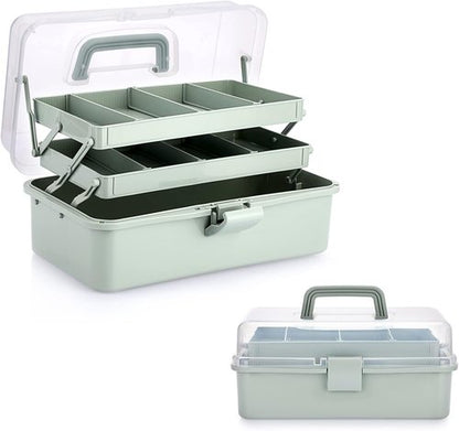 BTSKY Craft Organizer - 3-Layer Plastic Storage Box with Adjustable Spacers | Portable Haze Green Art Supply Box