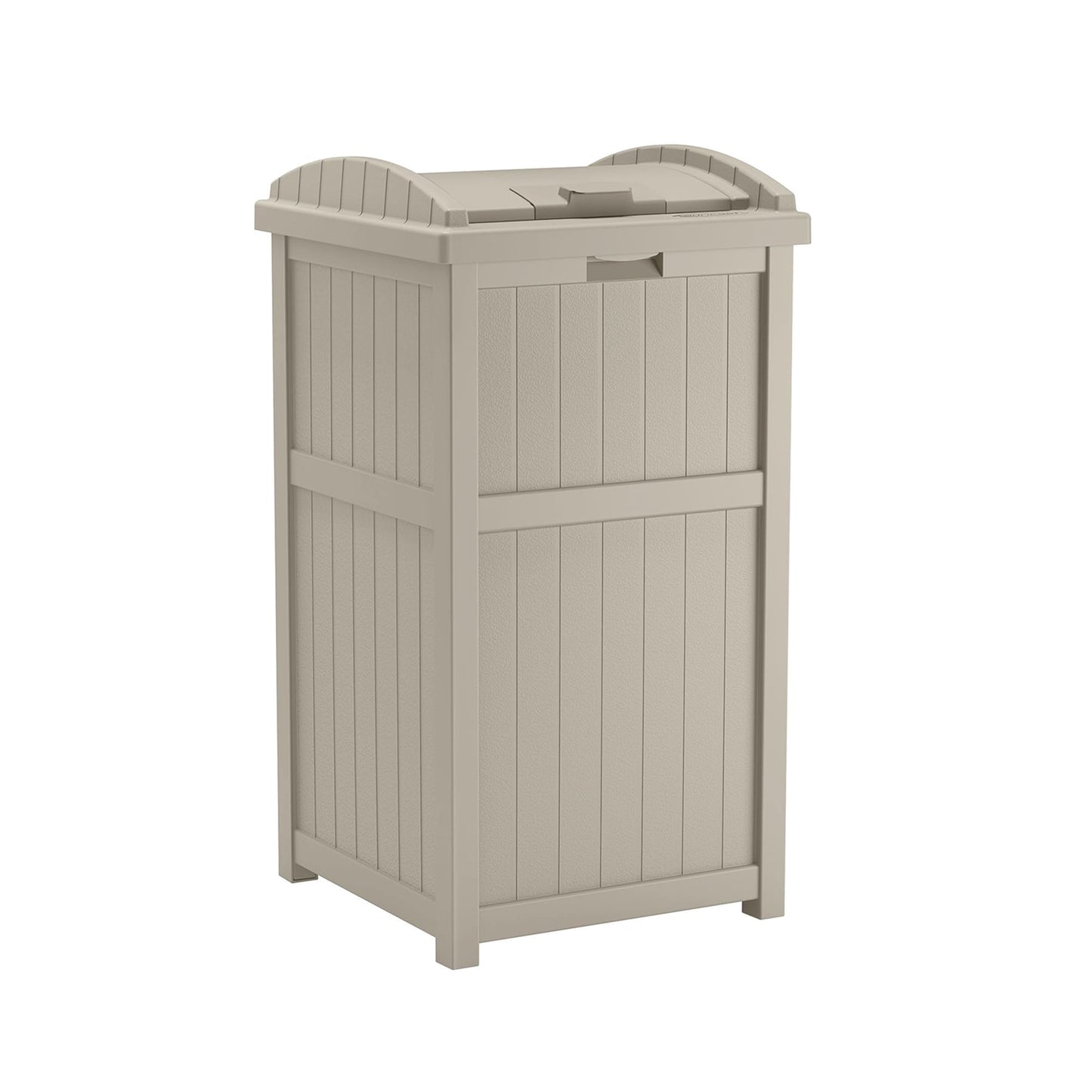 Suncast Hideaway Outdoor Trash Can with Lid - 30 Gallon Trash Can, Light Taupe, Decorative Wicker-Style Garbage Bin, Weather-Resistant Resin Fits 30-33 Gallon Bags, Ideal for Patio & Yard, Made in USA