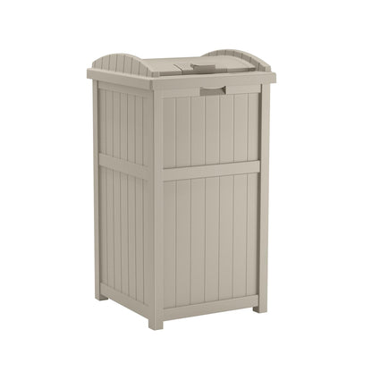 Suncast Hideaway Outdoor Trash Can with Lid - 30 Gallon Trash Can, Light Taupe, Decorative Wicker-Style Garbage Bin, Weather-Resistant Resin Fits 30-33 Gallon Bags, Ideal for Patio & Yard, Made in USA