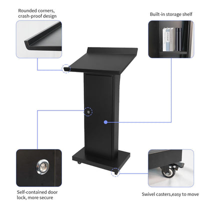 BERPET Podium Stand with 4 Locking Wheels, Lecterns & Podiums for Church School Office Conference Home, Heavy Duty Metal, Large Storage Area, Slant Desktop, 50.4" H