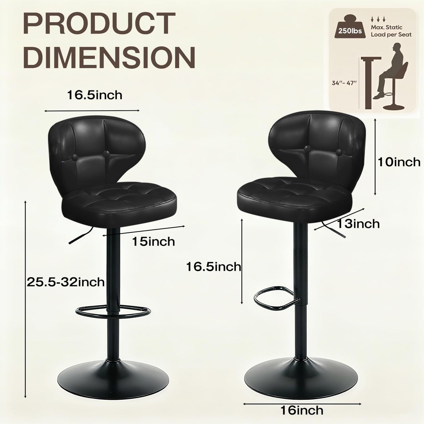 Walktory Bar Stools Set of 6, Adjustable Swivel Bar Stools with Back, Counter Height Bar Chairs with Footrest, PU Leather Padded Seat, Metal Base, Kitchen Island Dining Room Black