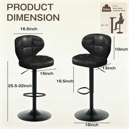 Walktory Bar Stools Set of 6, Adjustable Swivel Bar Stools with Back, Counter Height Bar Chairs with Footrest, PU Leather Padded Seat, Metal Base, Kitchen Island Dining Room Black