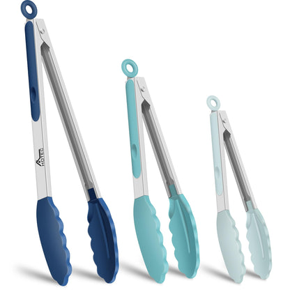 HOTEC Premium Stainless Steel Locking Kitchen Tongs with Silicon Tips, Set of 3-7", 9" and 12" (Gradient Blue)