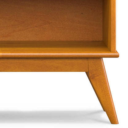 SIMPLIHOME Draper Bookcase - 30 inch Tall Solid Wood Low Bookshelf in Teak Brown, Mid-Century Modern Storage for Living Room, Study Room or Office with Tapered Legs and Wide Open Shelves