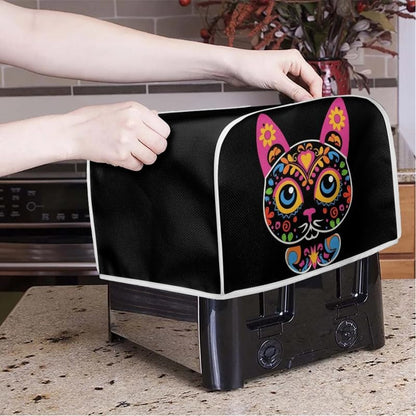 Toaster Cover 2 Slice, Sugar Skull Cat Black, Day of Dead Cartoon Cats, Washable Protective Cover with Hang Loop