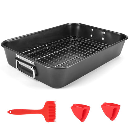 Roasting Pan with Rack, 15.75x11.02’’ Baking Pan for Oven with Rack & Silicon Hand Clip & Oilbrush, Heavy Duty Dishwasher Safe Rectangular Lasagna Pan with Handle for Turkey, Dark Grey