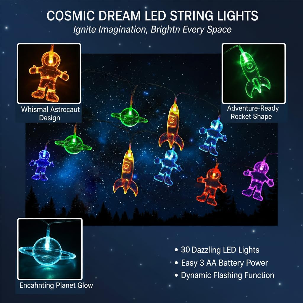 16.4FT 30 Fielegen LED Children's Room LED String Light Astronaut Spaceship Rocket Pendants Outer Space Theme Holiday