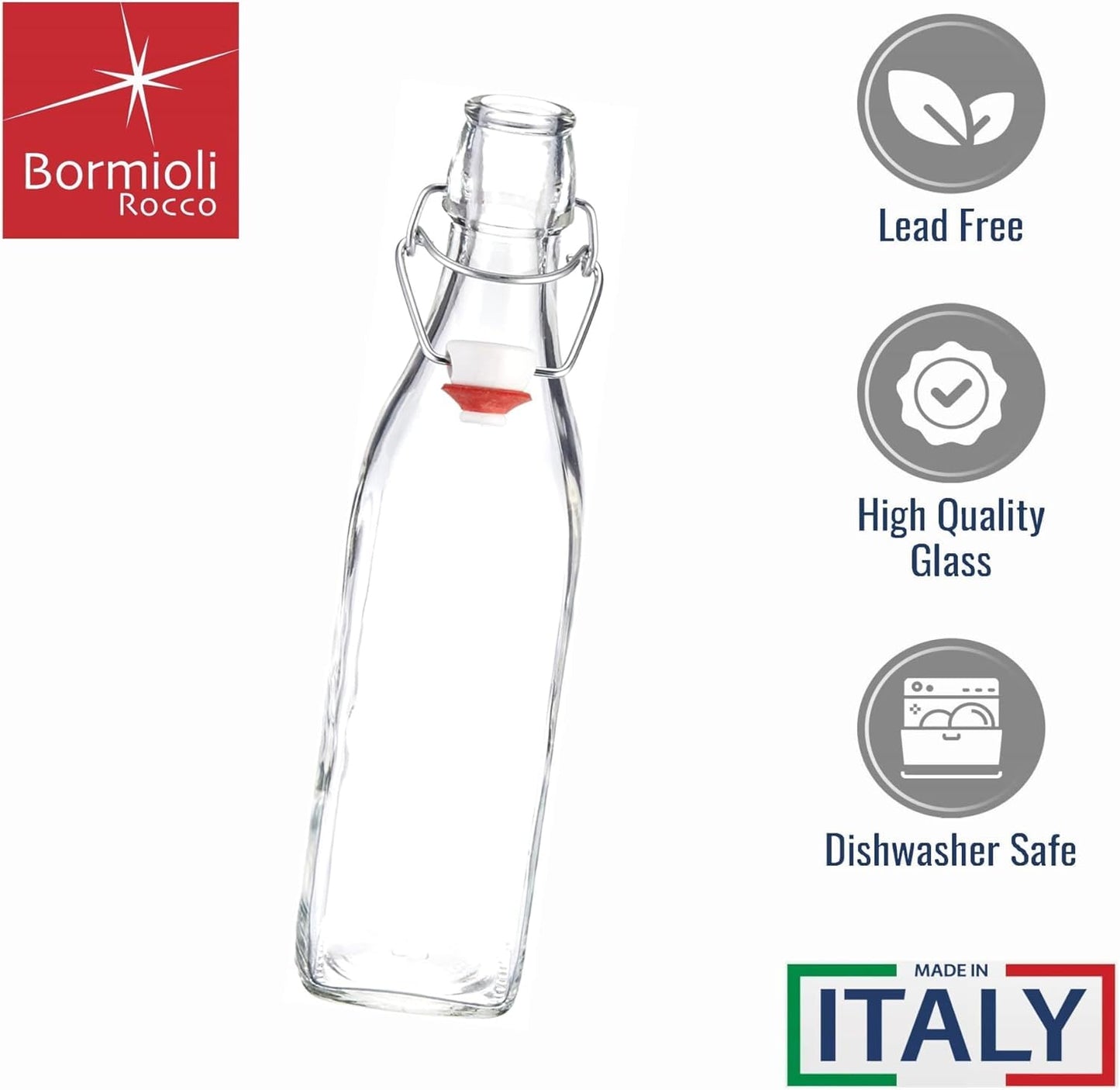 Bormioli Rocco Swing 17 oz. Square Swing-Top Glass Bottle with Airtight Seal and Metal Clamp for Drinks, Juices, Wine, or Dressings, Single Bottle