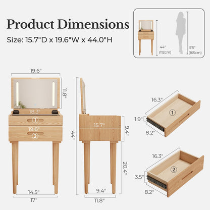Muwuele Solid Wood Small Vanity Desk with Mirror and Lights, Narrow Makeup Vanity for Small Space, Flip Top Vanity Side Table, 3 Color Modes & Adjustable Brightness, 19.6" Slim Dressing Table, Natural