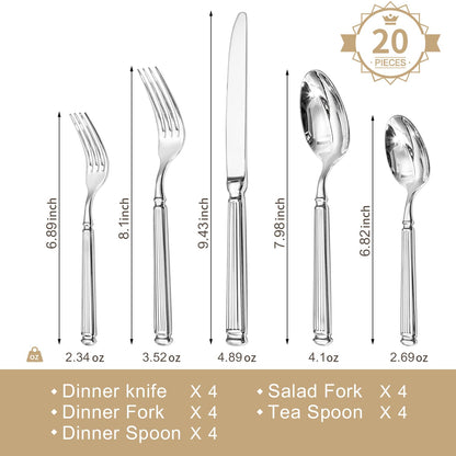KINGSTONE Silverware Set, 20-Piece 18/10 Stainless Steel Flatware Set - Roman Column Embossed Thick Handle, for Wedding, Home, Restaurant, Kitchen and Party, Mirror Polish & Dishwasher Safe