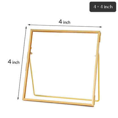 REDHUGO Double Glass Frame for Pressed Flowers Handmade, Tabletop Photo Frame for Floating Picture and Flower Press, Simple, Metal Geometric, Square, Gold, 4x4 Inches
