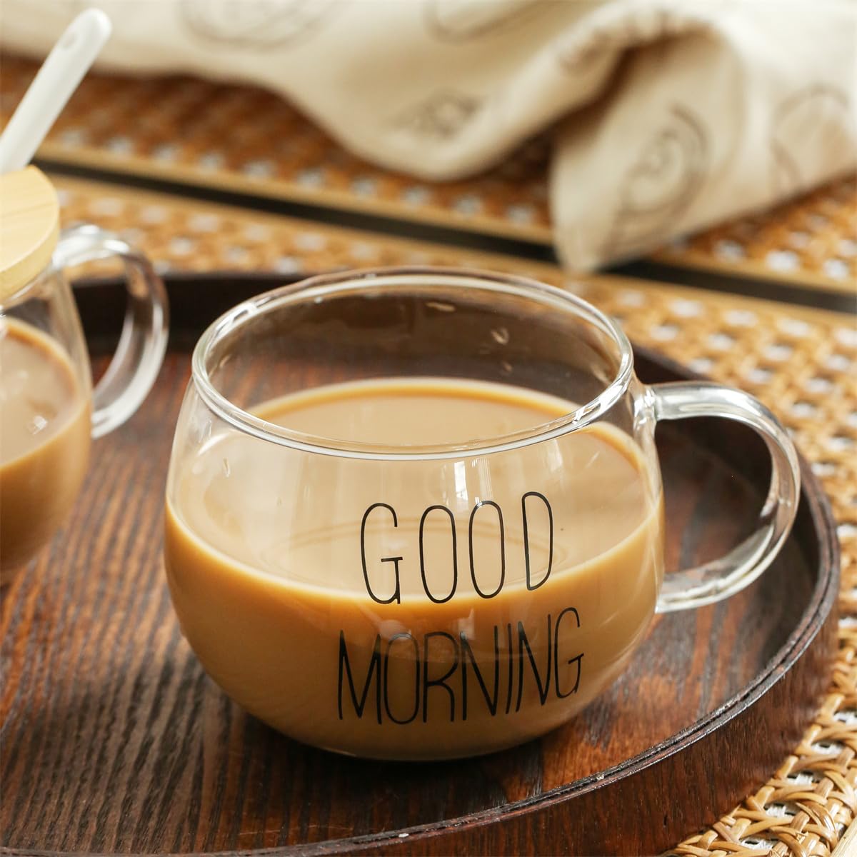 TREEWOO GOOD MORNING Clear Mug For Coffee Dessert Milk Tea Yogurt, Set of 2, Round Glass Cup Handgrip Drinkware With Bamboo Lid Tulip Ceramic Spoon (2 Black Letters Cup)