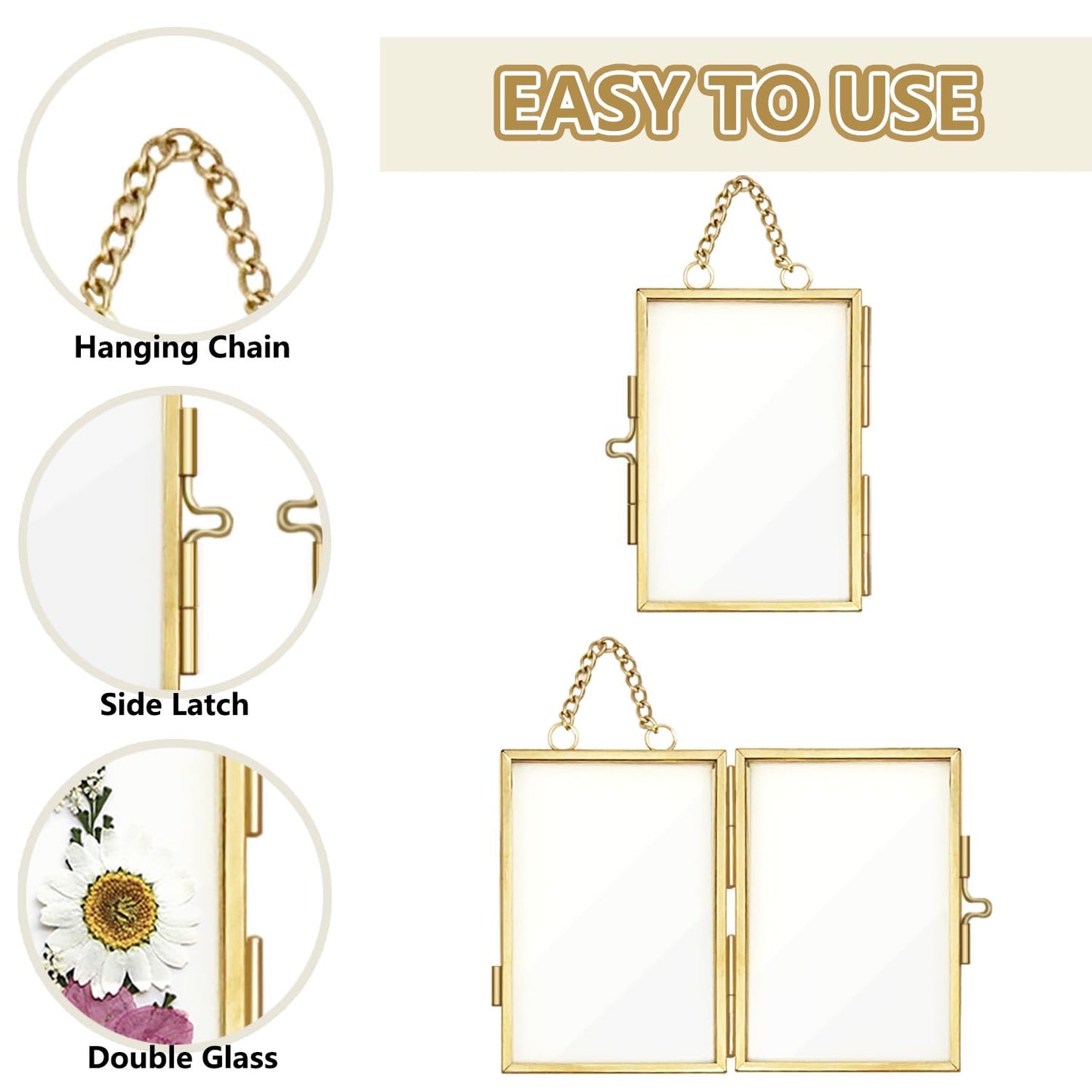 4Pcs Double Glass Frame for Pressed Flowers, 2x3 inch Picture Frame Mini Brass Wall Hanging Photo Floating Frame with Chain for Plant Specimen Artwork Display Home Wall Decor (Gold, Vertical)