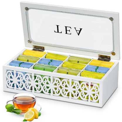 handrong Wooden Tea Box,12 Compartments Tea Organizers and Storage,Decorative Tea Bag Holder Organizer with Clear Top for Countertop Kitchen Cabinet Pantry