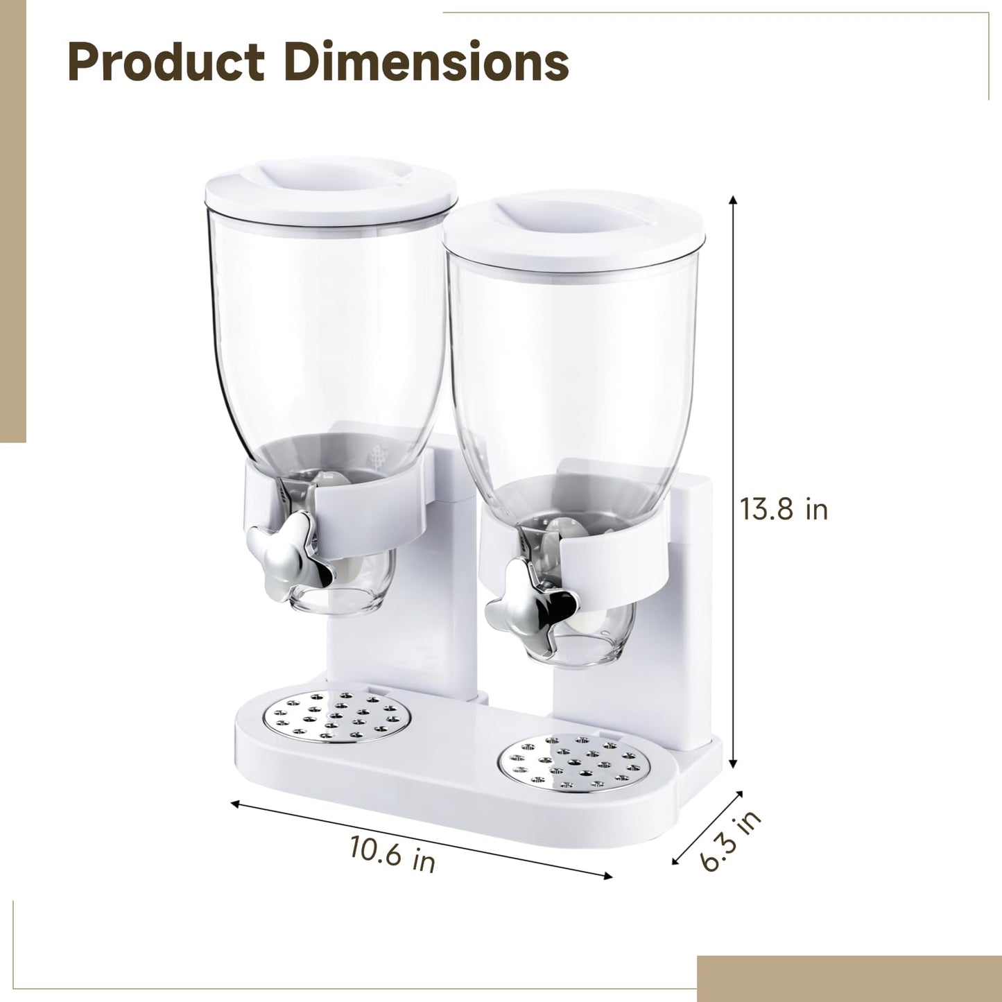 Skdqiee 2-Container Cereal Dispenser, 4L Dry Food Storage, White Triple Snack Dispenser, Rotating Dry Food Containers Storage for Candy, Nut, Coffee Beans, 10.6 x 6.3 x 13.8 in