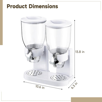 Skdqiee 2-Container Cereal Dispenser, 4L Dry Food Storage, White Triple Snack Dispenser, Rotating Dry Food Containers Storage for Candy, Nut, Coffee Beans, 10.6 x 6.3 x 13.8 in