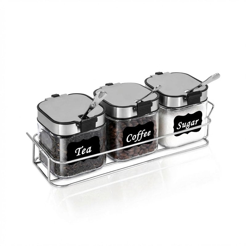 Aelga Glass Sugar Canister Set with Lid, Spoons and Rack, 3 Pack Sugar Container for Coffee Bar, Stainless Steel Flip-Top Lid, Salt and Spice Jar for Kitchen Countertop, Coffee Bar Accessories