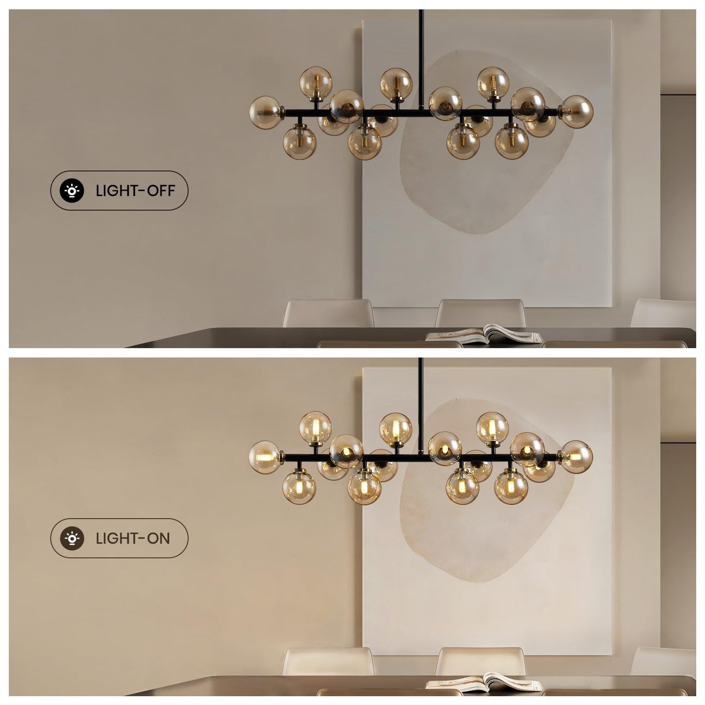 APBEAMLighting Mid Century Modern Chandeliers for Dining Room, 39" Linear Pendant Light Fixtures with Amber Glass Globe, 16-Light Sputnik Hanging Light for Living Room Kitchen Island