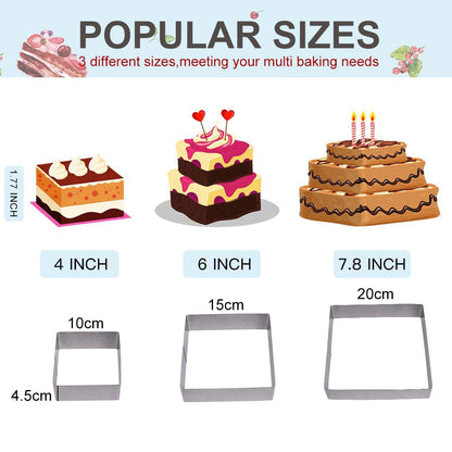 Cake Ring,Cake Mold,4/6/8 Inch Round Cake Mold, 3 Packs Rectangular Cookie Cutter Set, Stainless Steel Biscuit Cutters for Cooking Crumpets Eggs Pastry Mousse Desserts(Silver - Square)
