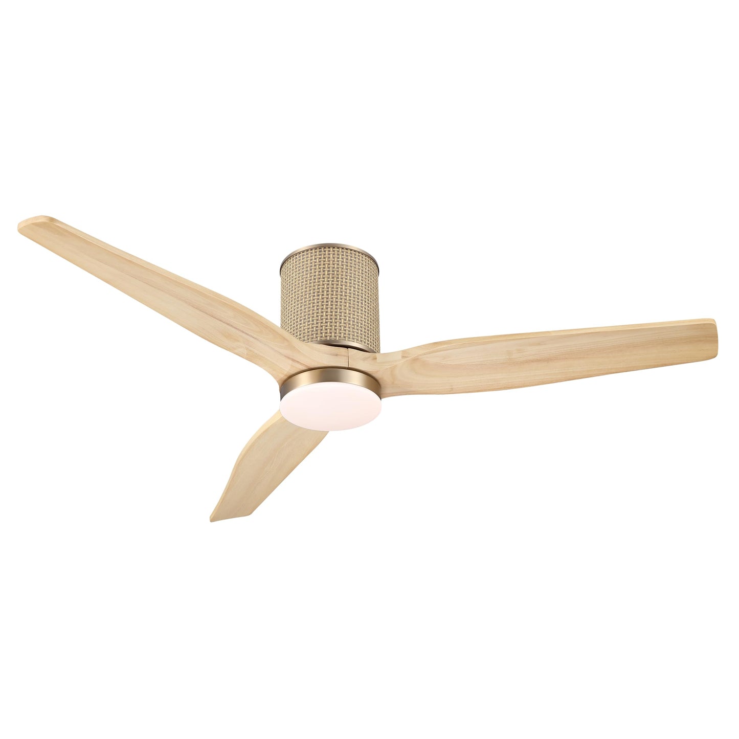 LEDLUX 52" Ceiling Fan with Light - Low Profile Flush Mount Ceiling Fan, 6-Speed Remote Control, Solid Wood, Quiet Reversible DC Motor, Boho Style, for Bedroom, Living Room, Porch, Light Oak/Gold