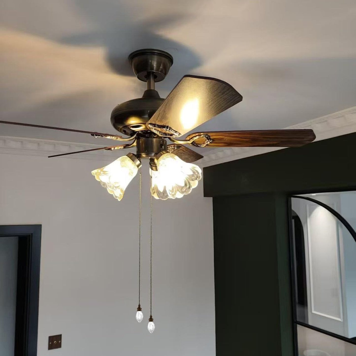 RUIAN 2 Pcs Decorative Fan Pull Chain Ornament Set Lamp Pull Extension for Light Fan with 12 Inch Bronze Chains and Crystal Glass Pendant Decor.