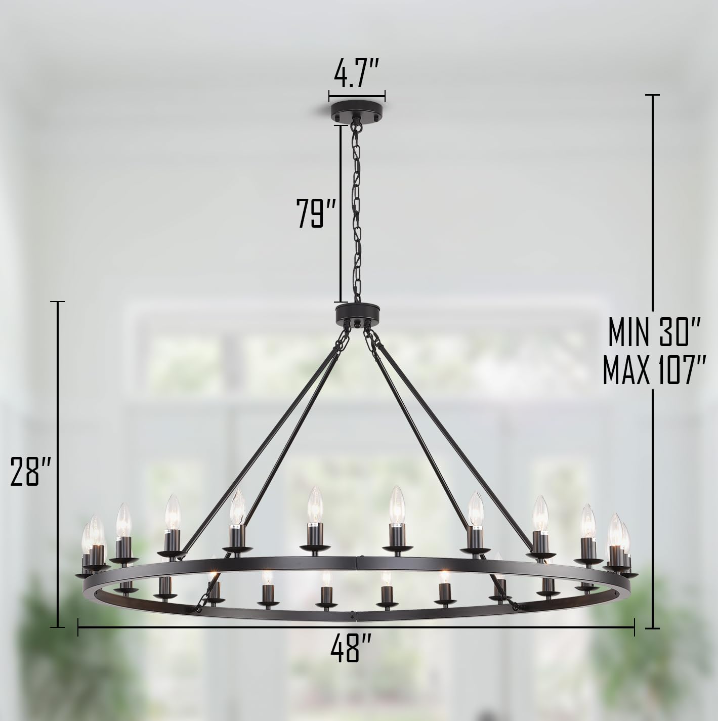 JKLX 48 Inch Black Large Wagon Wheel Chandelier, 24-Lights Farmhouse Industrial Round High Ceiling Light Fixture Adjustable Chain for Outdoor Porch,Foyer,Dining Room, Living Room
