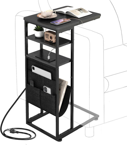 28"(H) 3-Tier C Shaped End Table with Charging Station, C Table with Storage Bag, Under Couch Table C-Shaped End Table
