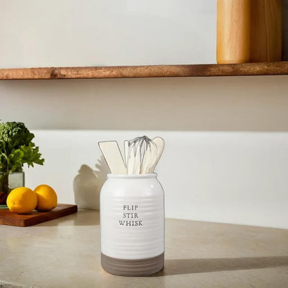Young's Inc Ceramic Utensil Kitchen Caddy - w/ 4 Utensils - Flip Whisk, Stir - Farmhouse Country Decor