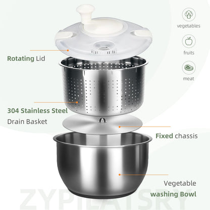 Zypilatsry 6L-Stainless Steel Salad Rotator, Vegetable Dishwasher,Lettuce Cleaner and Dryer, Kitchen Strainers.
