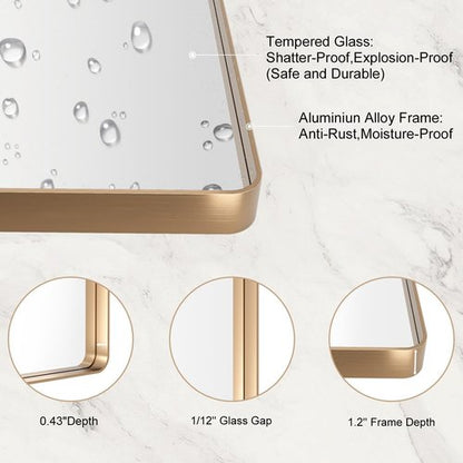 LOAAO Gold Bathroom Mirror - 36”X36” Rounded Rectangle Design, Anti-Rust Tempered Glass, Wall-Mounted