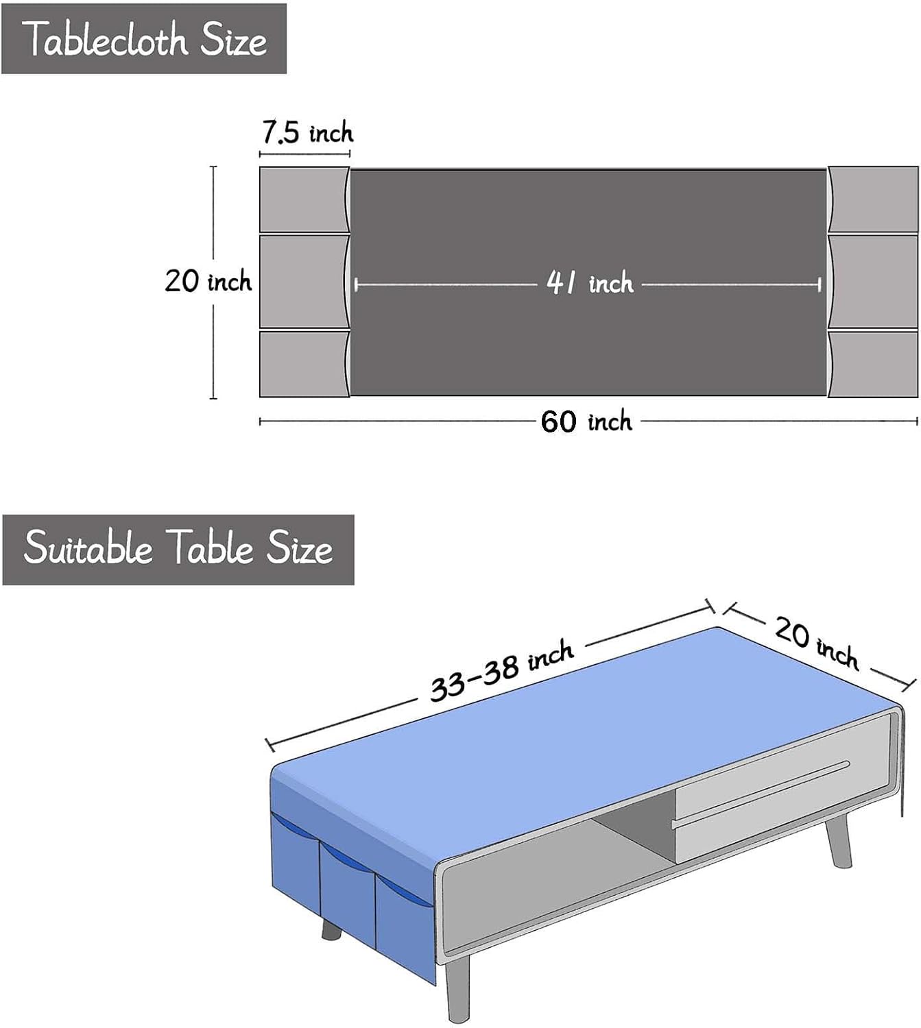 20" 60" Waterproof Coffee Table Cover, Rectangle Cotton Linen Coffee Table Cloth With Pockets And Tassel For Living