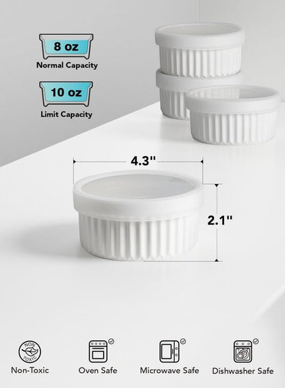 LE TAUCI Ramekins - 8 OZ Ceramic Soufflé Dishes with Silicone Lids | Oven & Microwave Safe, Set of 4, White