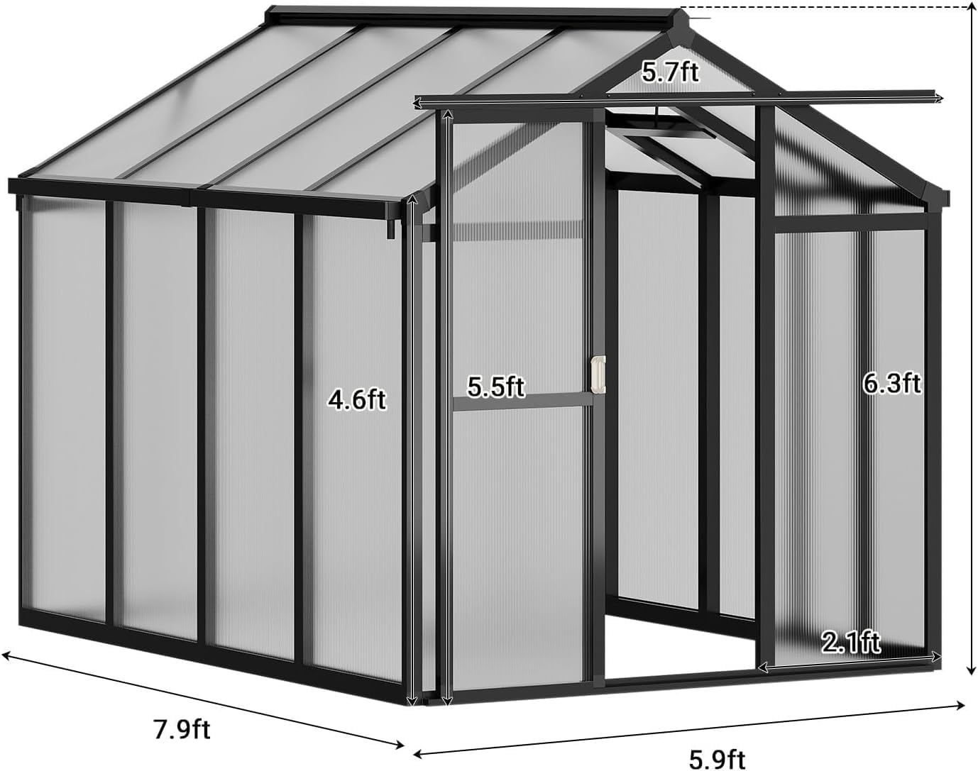 Greenhouse, 6x8 Ft Outdoor Greenhouses, Greenhouse Kit, Portablee Greenhouses with Ground Nails and Vent Windows, Sliding Lockable Door, Polycarbonate Green Houses for Outside Garden Backyard, Black