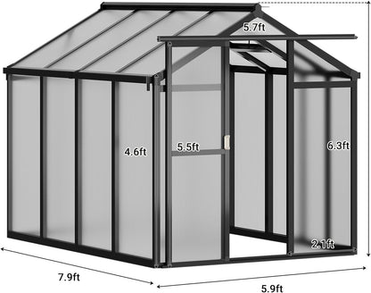 Greenhouse, 6x8 Ft Outdoor Greenhouses, Greenhouse Kit, Portablee Greenhouses with Ground Nails and Vent Windows, Sliding Lockable Door, Polycarbonate Green Houses for Outside Garden Backyard, Black