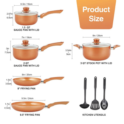 M MELENTA Pots and Pans Set Ultra Nonstick, Pre-Installed 11pcs Cookware Set Copper with Ceramic Coating, Stay cool handle & Nylon Kitchen Utensils, Gas/Induction Compatible, 100% PFOA Free