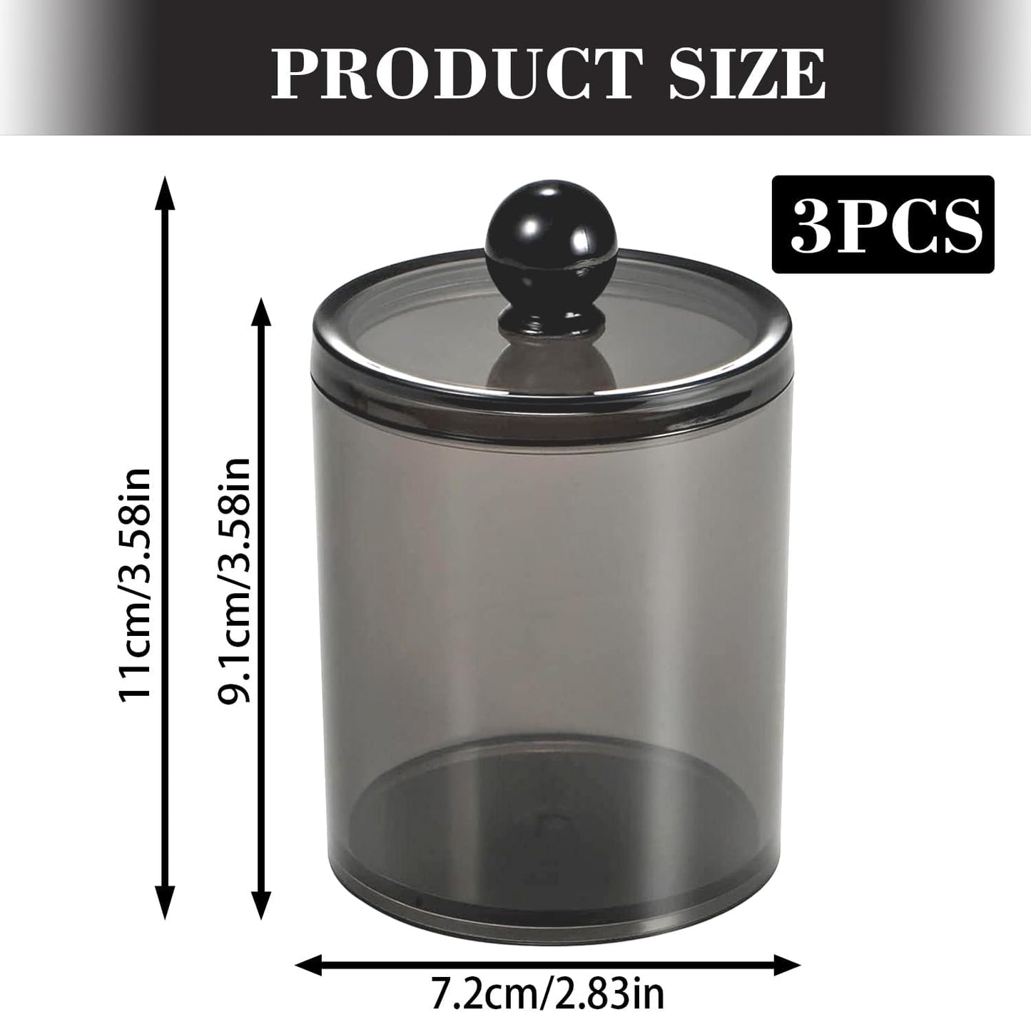 Skiennix Cotton Bud Dispenser - Clear Black Round Holder | 10 oz Apothecary Jar for Bathroom Storage