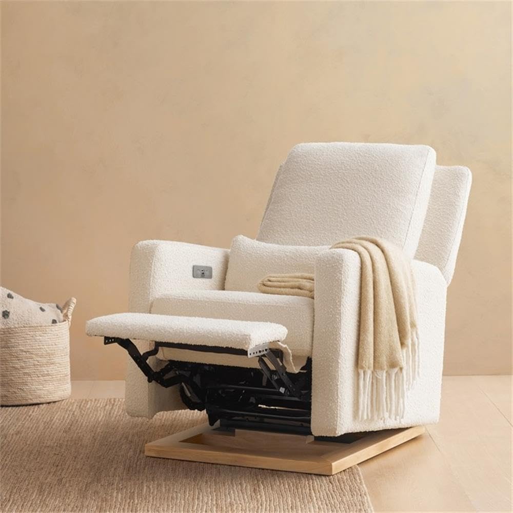 Babyletto Sigi Electronic Power Recliner and Glider with USB Port in Ivory Boucle with Light Wood Base, Greenguard Gold and CertiPUR-US Certified