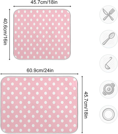 Pink White Polka Dot Dish Drying Mat for Kitchen Counter, 18 x 24 Inch Absorbent Microfiber Drainer Mat