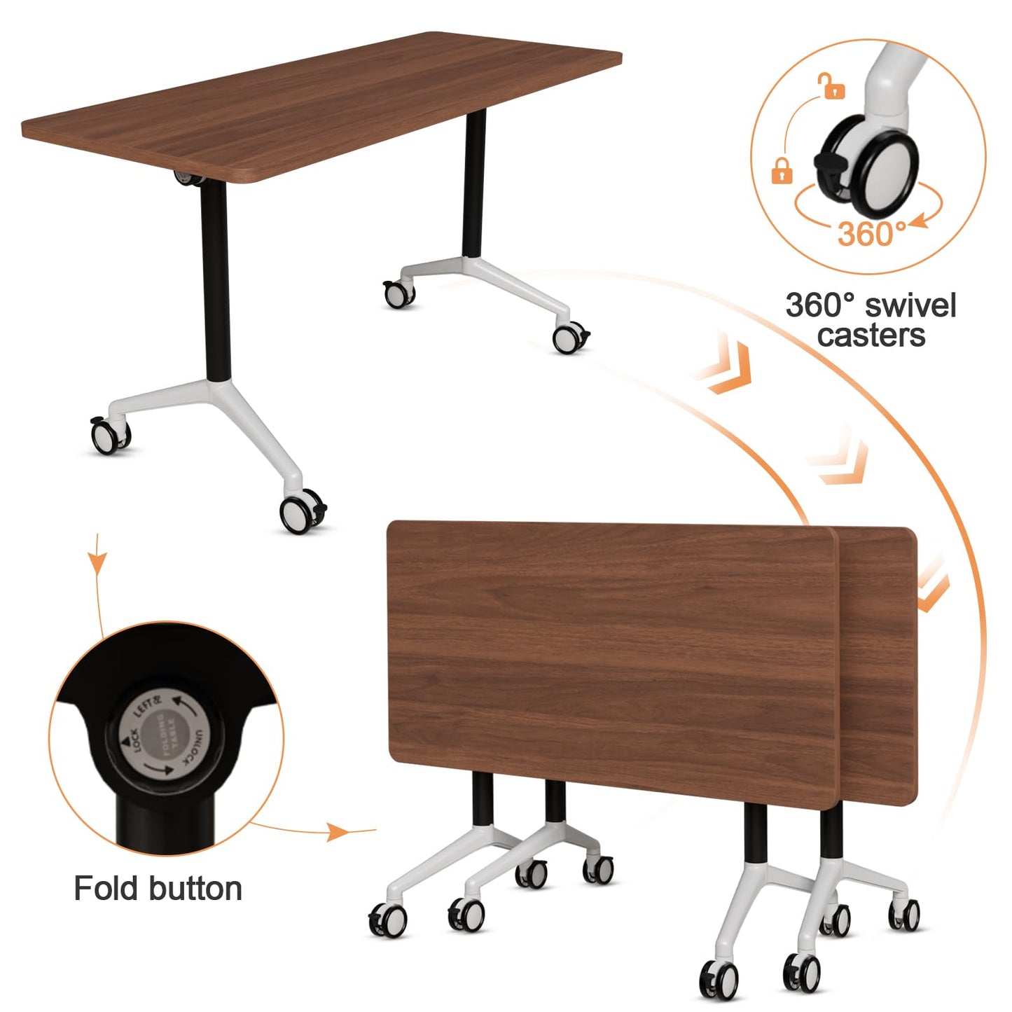 Folding Conference Table, Conference Room Tables with Wheels Foldable Large Rectangle Meeting Seminar Table for 6-12 People, Flip Top Mobile Training Table for Office Classr (4, Walnut 2, 55.1in)