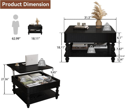 KEIKI 31.5" Square Lift Top Wood Coffee Table with Hidden & Open Storage,Hydraulic Raising Mechanism for Living Room