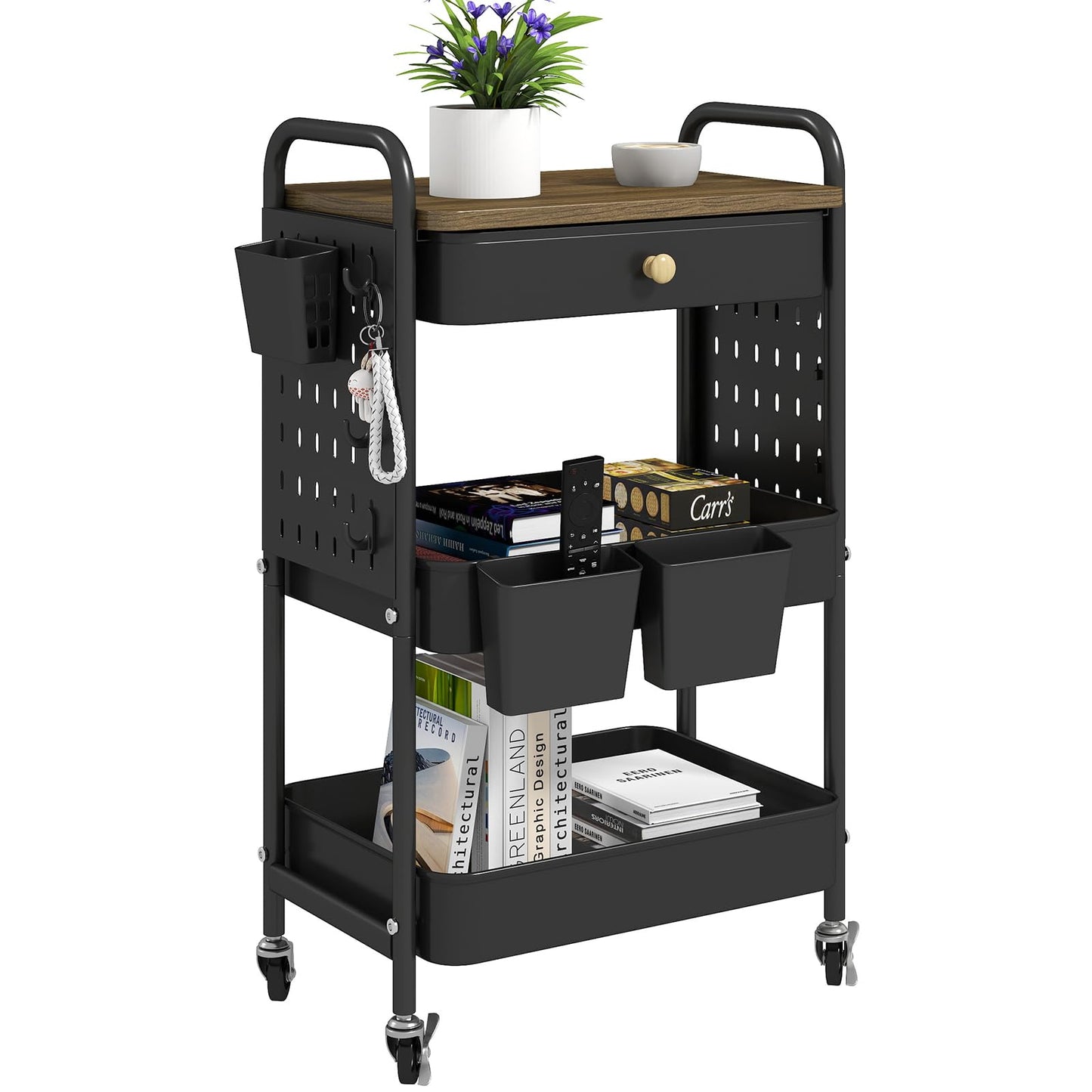 danpinera 3-Tier Rolling Cart, Metal Rolling Storage Cart with Wooden Table Top & DIY Pegboards, Storage Cart with Wheels, Hooks & Hanging Cups, Storage Organizer Cart Craft Art Cart, Black
