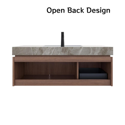 Trygoal 48" Bathroom Vanity with Sink, Wall-Mounted Plywood Bathroom Storage Cabinet with Ceramic Basin & Sintered Stone Countertop, Modern Pre-Assembled Floating Vanity with Drawer & Door, Brown Oak