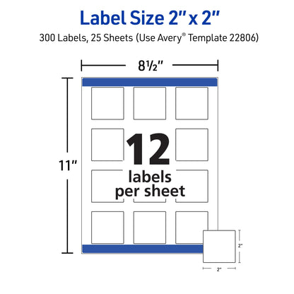 Avery Printable Square Labels, 2" x 2", Matte White, Laser & Inkjet Compatible, 300 Blank Labels Total, Great for Branding, Packaging, Events, and More (22806)